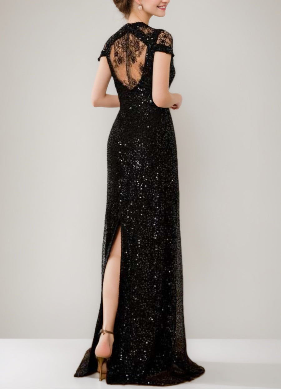Sequined Plunge V-Neck Floor-Length Mother of the Bride Dress with Lace and Slit
