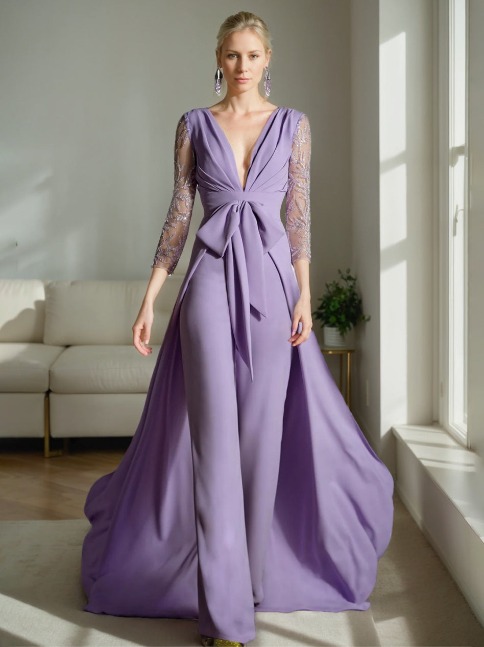 Plunge V-Neck A-Line Princess Jumpsuit for the Mother of the Bride with Ruched Embroidered Tulle Sleeves & Bow-BMbridal.UK