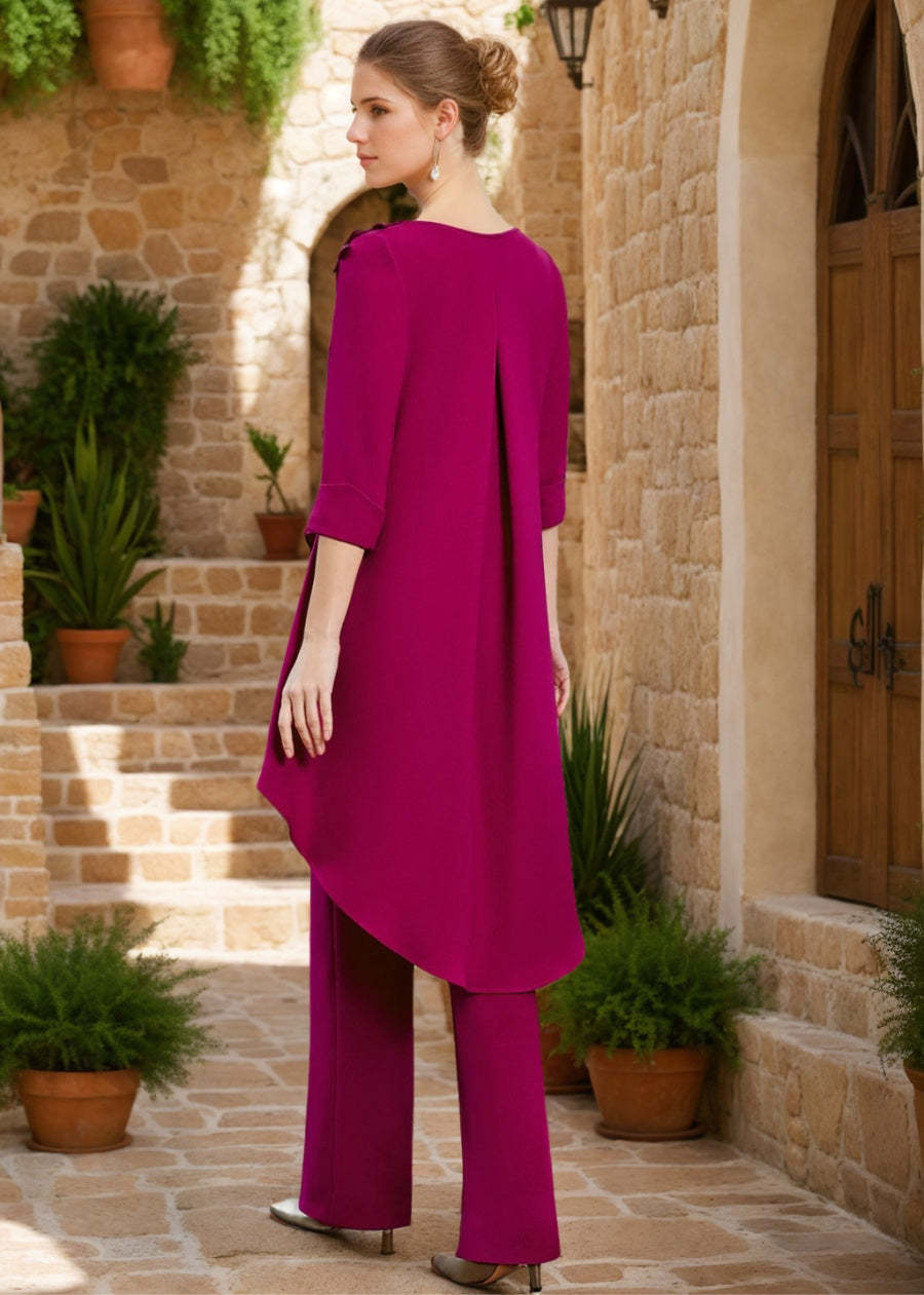 2-Piece V-Neck 3/4 Sleeve Floor-Length Ruffled Pantsuit with Jewel Embellishments for the Mother of the Bride-BMbridal.UK
