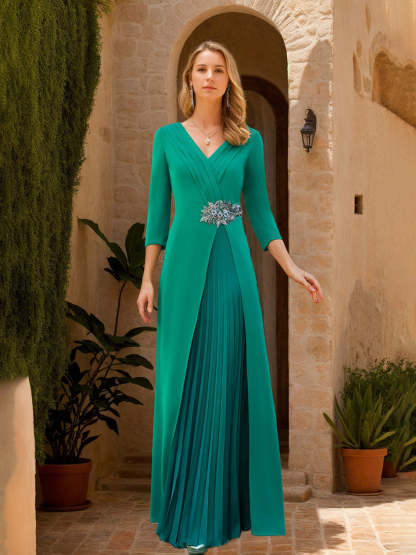 V-Neck A-Line Princess Floor-Length Mother of the Bride Dress with 3/4 Sleeves Chiffon Slit & Jewel Appliques-BMbridal.UK