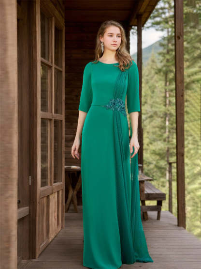 Floor-Length Mother of the Bride Dress with Floral Applique & Dotted Tulle Draping 1/2 Sleeves Sheath/Column Neckline-BMbridal.UK