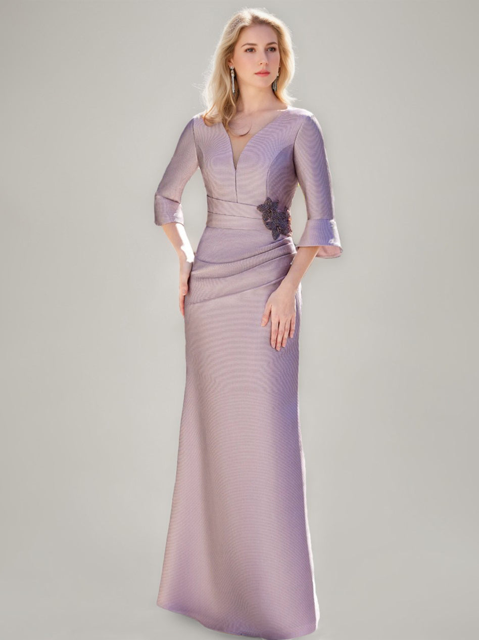 V-Neck Floor-Length Trumpet/Mermaid Mother of the Bride Dresses with Ruched Detail Ruffled Sleeves and Jewel Appliques-BMbridal.UK