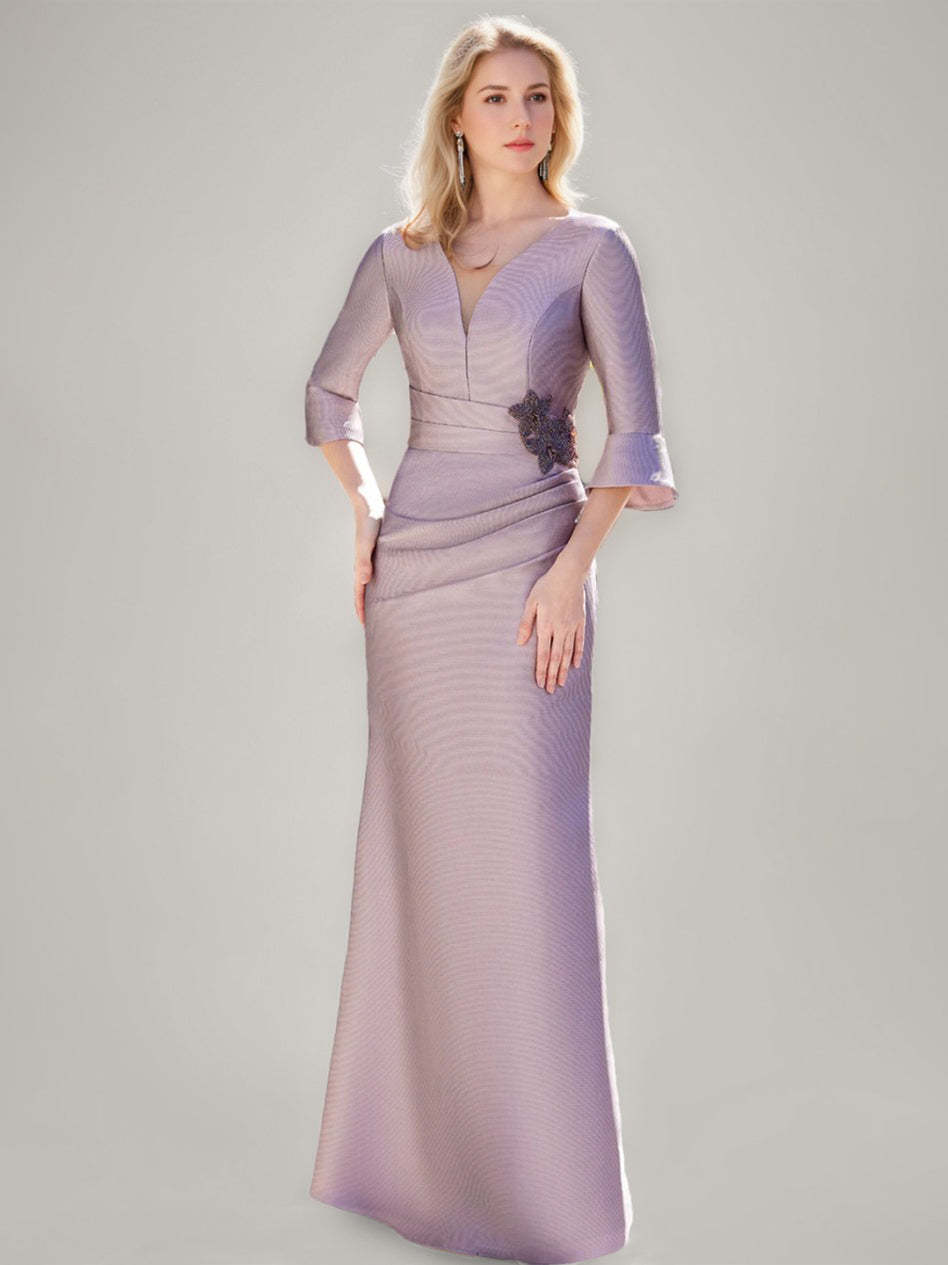 V-Neck Floor-Length Trumpet/Mermaid Mother of the Bride Dresses with Ruched Detail Ruffled Sleeves and Jewel Appliques-BMbridal.UK