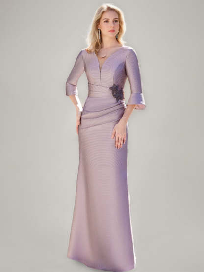 V-Neck Floor-Length Trumpet/Mermaid Mother of the Bride Dresses with Ruched Detail Ruffled Sleeves and Jewel Appliques-BMbridal.UK