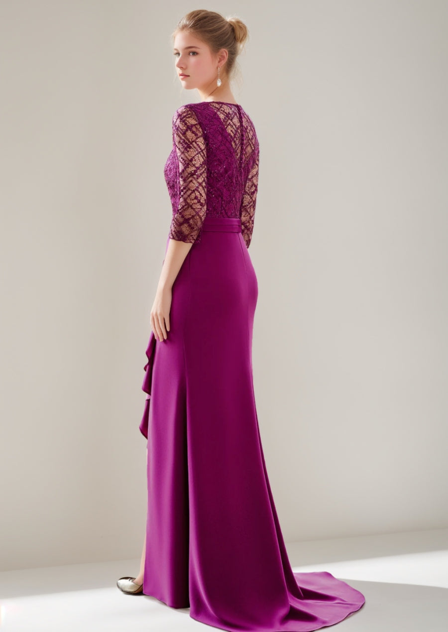 V-Neck Floor-Length Trumpet/Mermaid Mother of the Bride Dress with Slit Ruffles and Tulle Lace