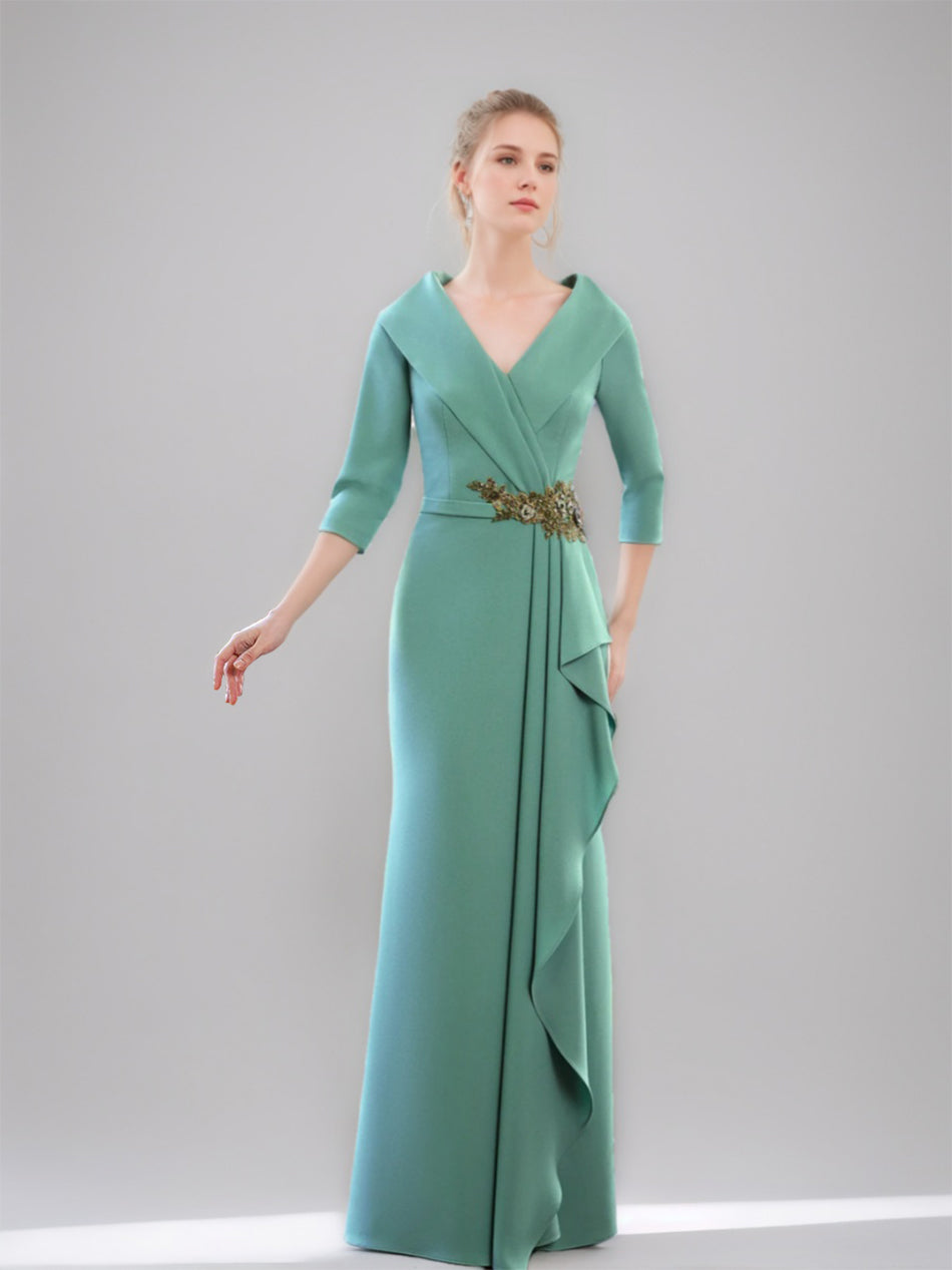 V-Neck 3/4 Sleeve Floor-Length Sheath/Column Mother of the Bride Dress with Ruffles & Jewel Appliques-BMbridal.UK