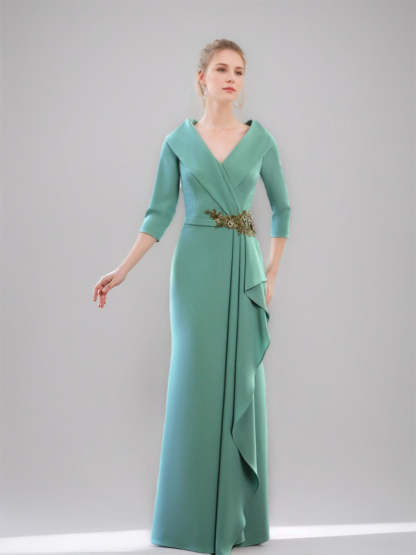 V-Neck 3/4 Sleeve Floor-Length Sheath/Column Mother of the Bride Dress with Ruffles & Jewel Appliques-BMbridal.UK