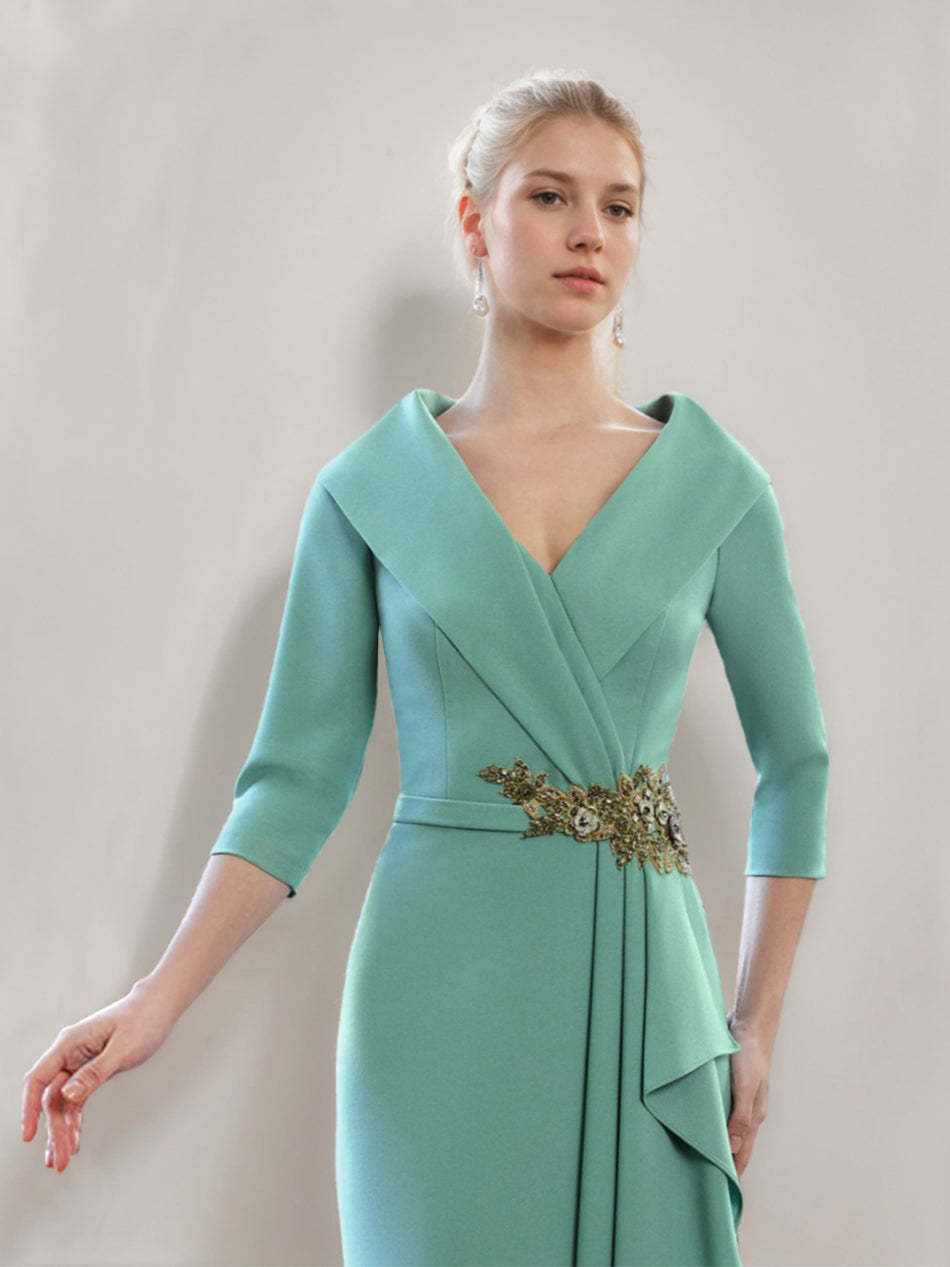 V-Neck 3/4 Sleeve Floor-Length Sheath/Column Mother of the Bride Dress with Ruffles & Jewel Appliques-BMbridal.UK