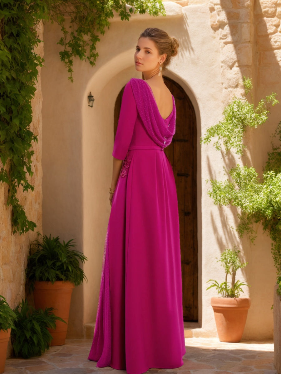 Floor-Length Mother of the Bride Dress with Cowl Neck 3/4 Sleeves Tulle Sash Slit & Jewel Appliques