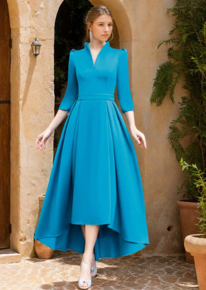 V-Neck A-Line Princess Dress with 3/4 Sleeves Asymmetrical Pleats and Sash for Mother of the Bride