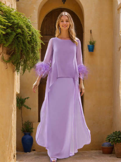 Floor-Length Mother of the Bride Dress with Cape Feathers and Jewel Neckline
