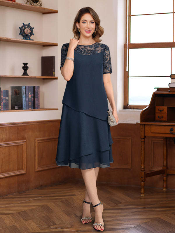 Short Sleeve Knee-Length A-Line Princess Jewel Neck Mother of the Bride & Groom Dress with Ruffles Lace Appliques and Sequins-BMbridal.UK