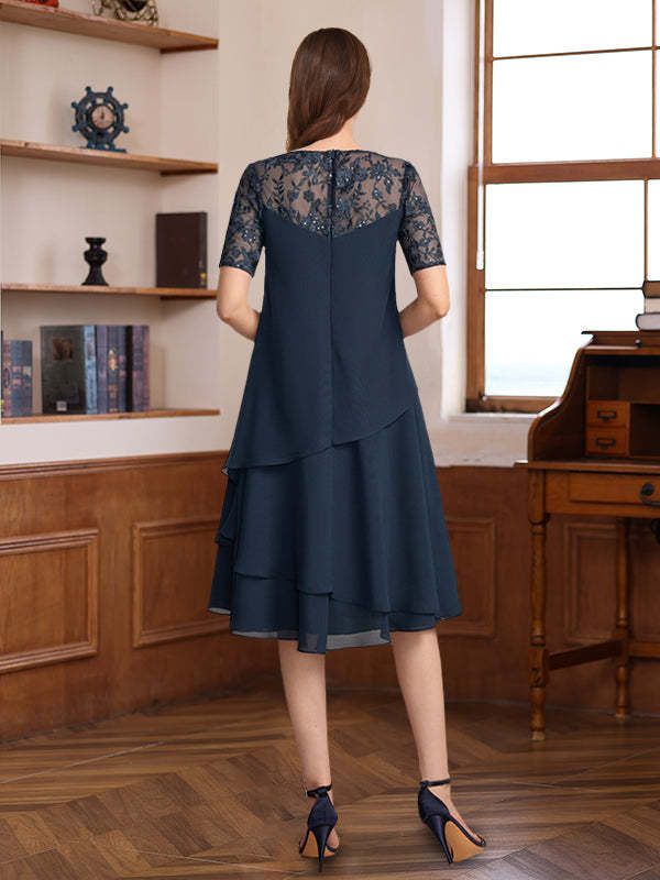 Short Sleeve Knee-Length A-Line Princess Jewel Neck Mother of the Bride & Groom Dress with Ruffles Lace Appliques and Sequins-BMbridal.UK