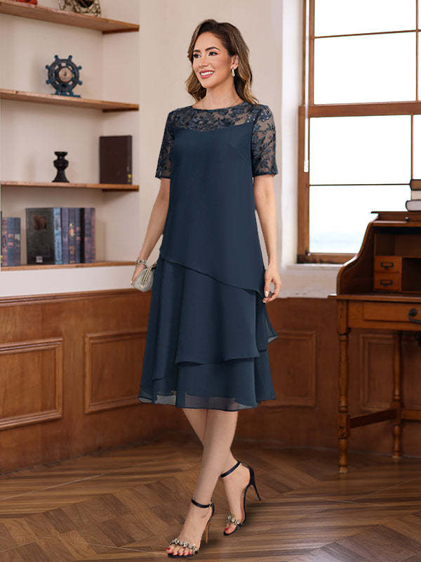 Short Sleeve Knee-Length A-Line Princess Jewel Neck Mother of the Bride & Groom Dress with Ruffles Lace Appliques and Sequins-BMbridal.UK