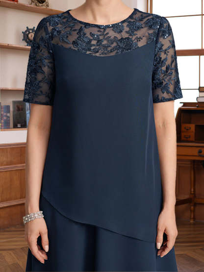 Short Sleeve Knee-Length A-Line Princess Jewel Neck Mother of the Bride & Groom Dress with Ruffles Lace Appliques and Sequins-BMbridal.UK