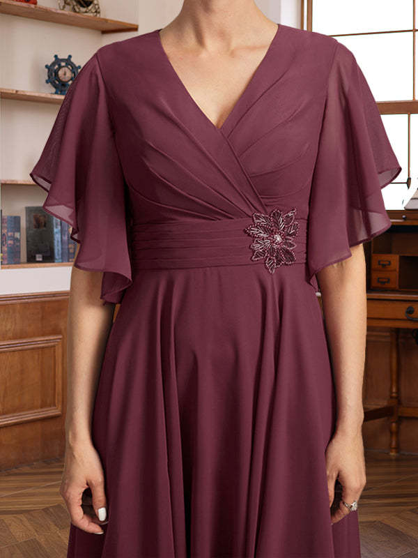 V-Neck A-Line Princess Dresses with Ruched Pleats and Jewel Appliques for Mothers of the Bride & Groom-BMbridal.UK