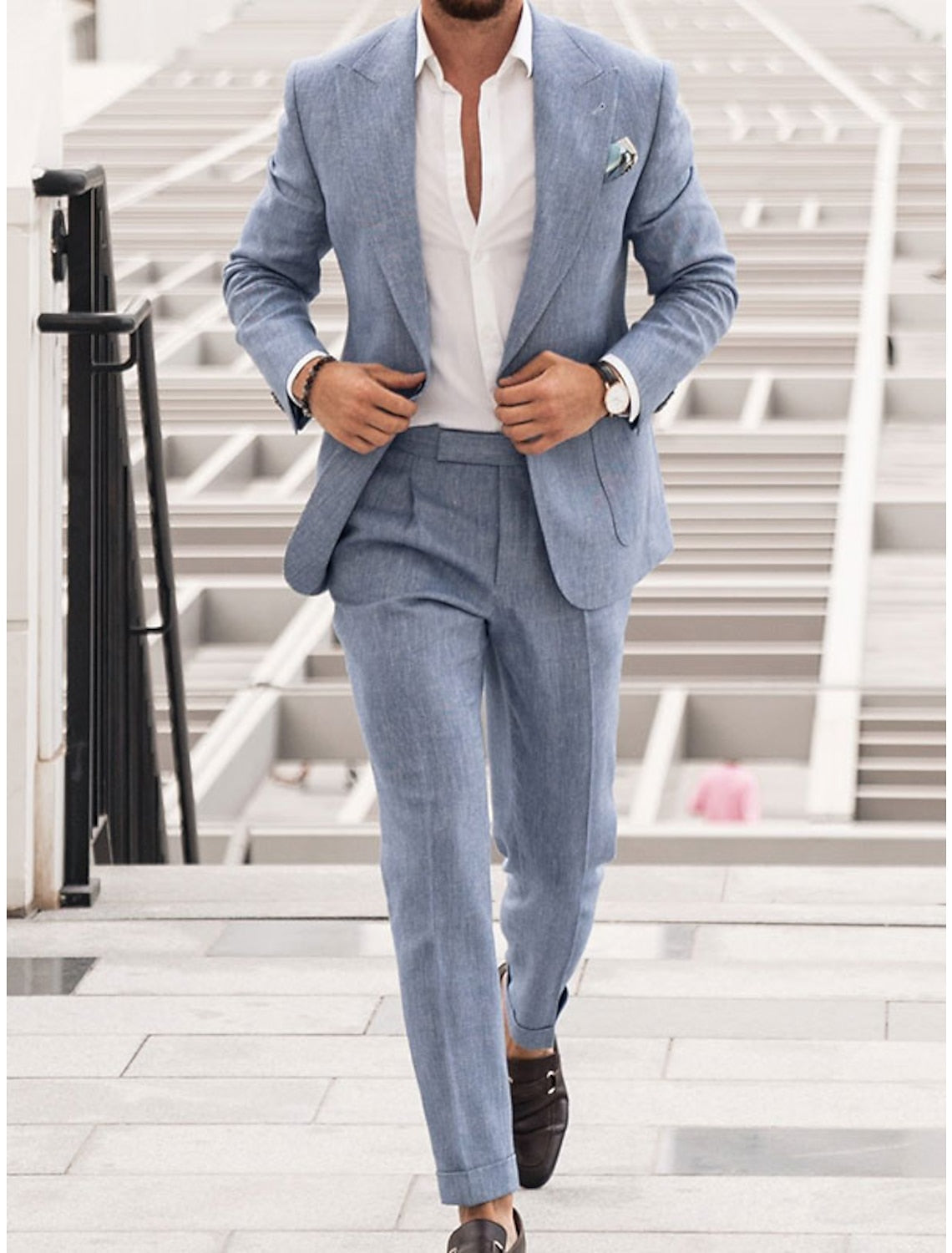 Two-Piece Solid Colored Linen Suit For Men Tailored Fit With Single Breast And Two Buttons
