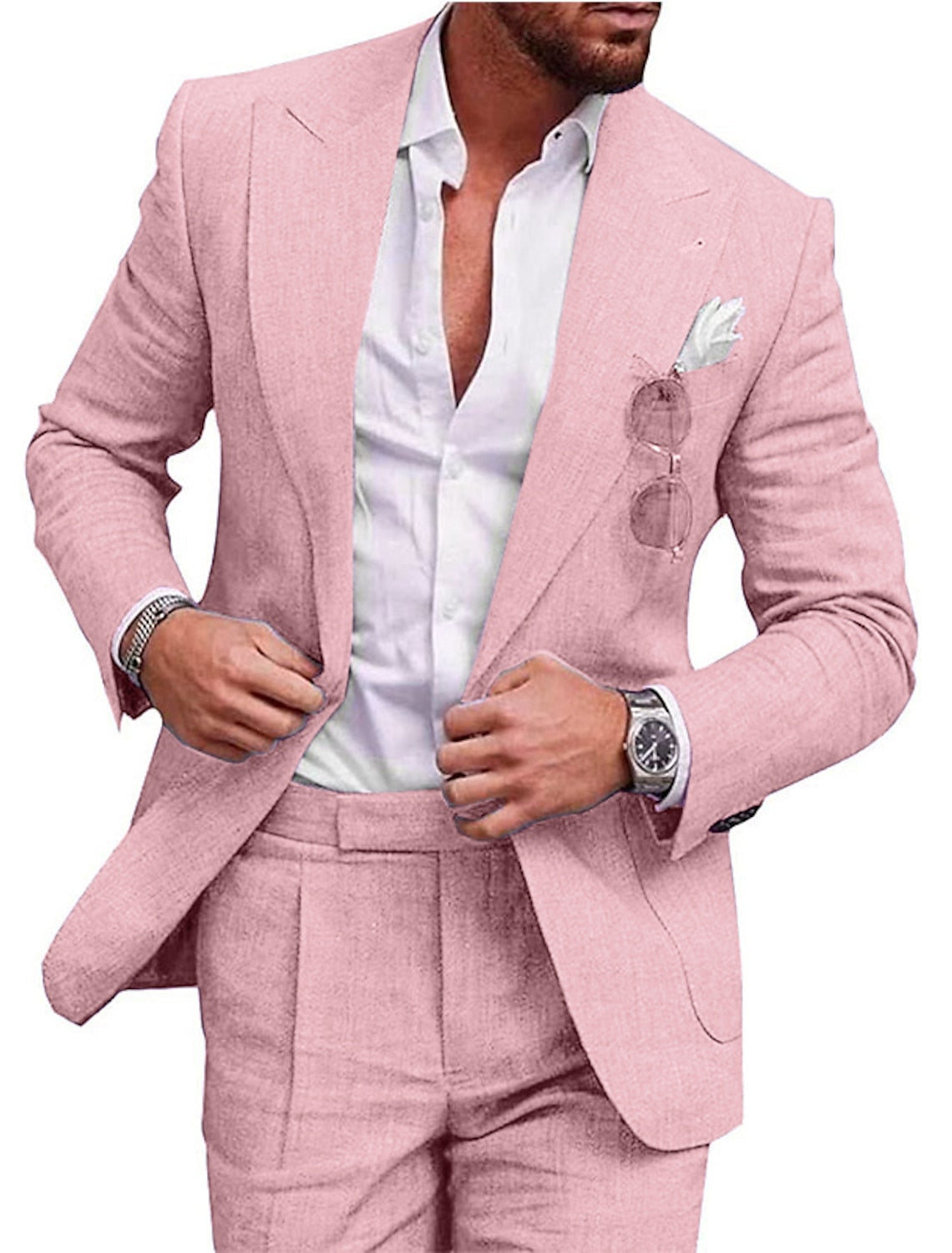 Solid Colored Linen Suits For Men Tailored Fit With Single Breasted Two-Button Design