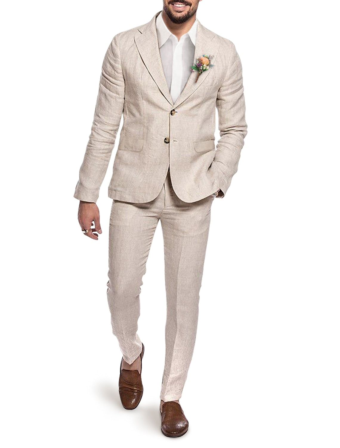 Single-Breasted Two-Button Linen Suit Set For Men In Solid Colors