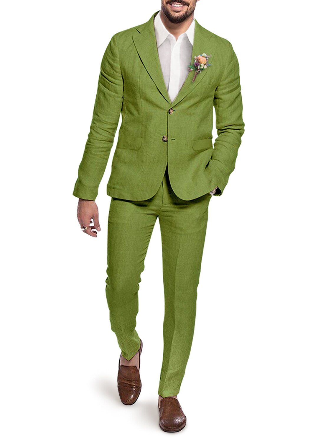 Single-Breasted Two-Button Linen Suit Set For Men In Solid Colors