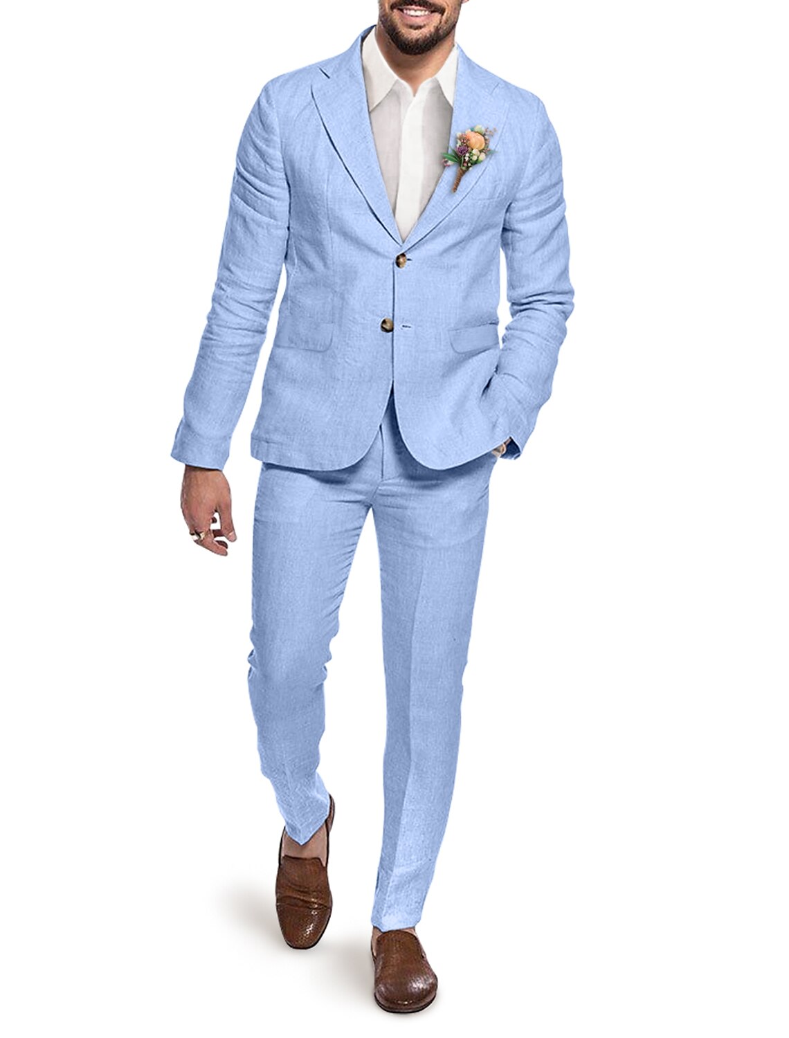 Single-Breasted Two-Button Linen Suit Set For Men In Solid Colors