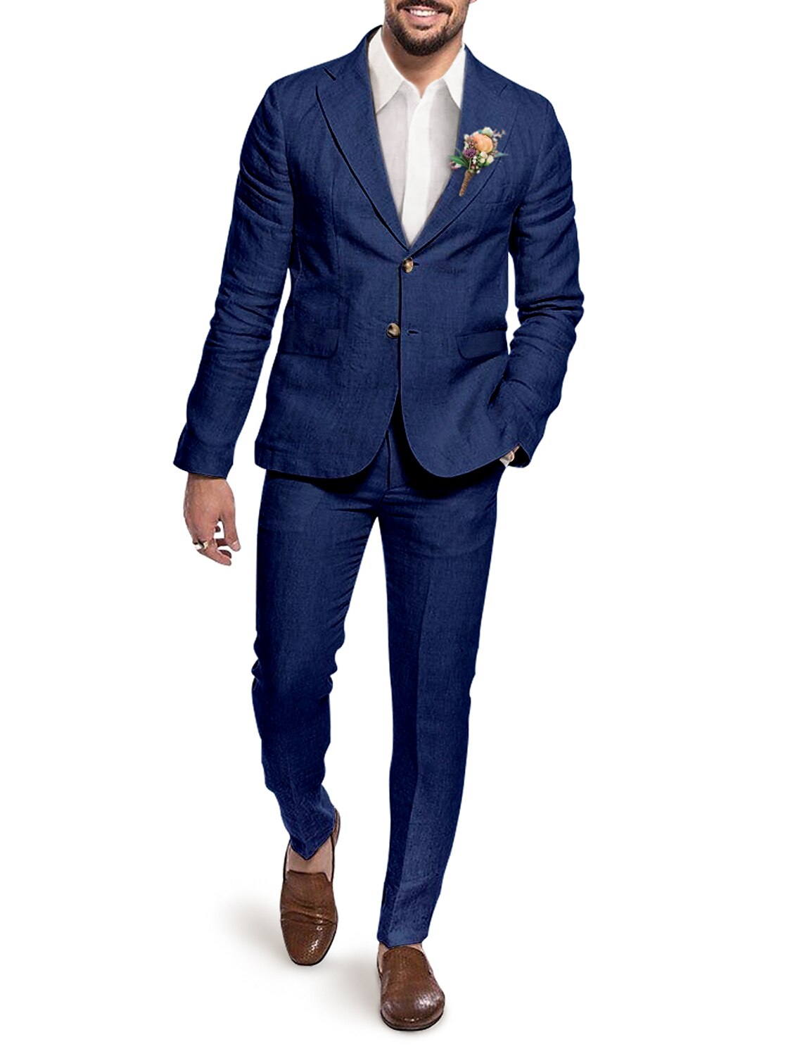Single-Breasted Two-Button Linen Suit Set For Men In Solid Colors