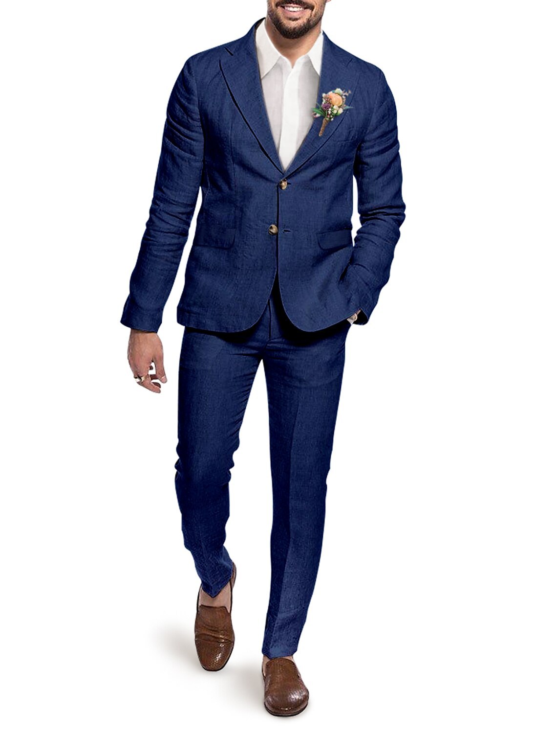 Single-Breasted Two-Button Linen Suit Set For Men In Solid Colors