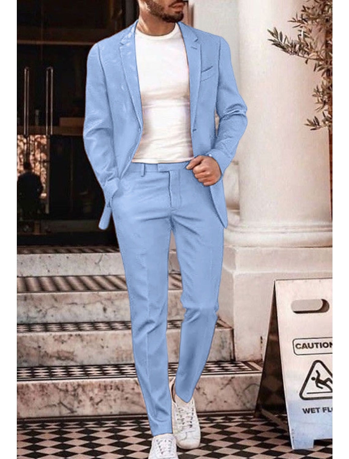 Two-Piece Solid Colored Linen Suit For Men Tailored Fit With Single Breasted Two-Button Design