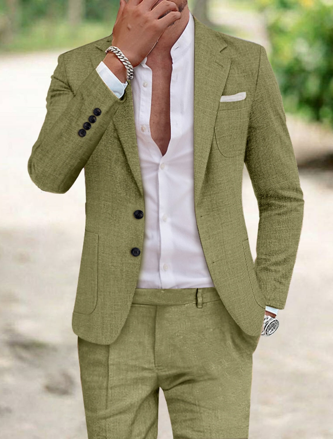 Two-Piece Solid Colored Linen Suit For Men Tailored Fit With Single Breast And Two Buttons