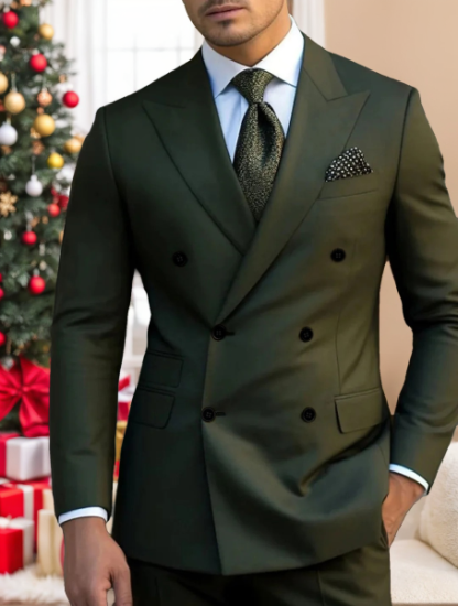 Men's Green Tailored Fit 2-Piece Double Breasted Six-Button Solid Wedding Suits