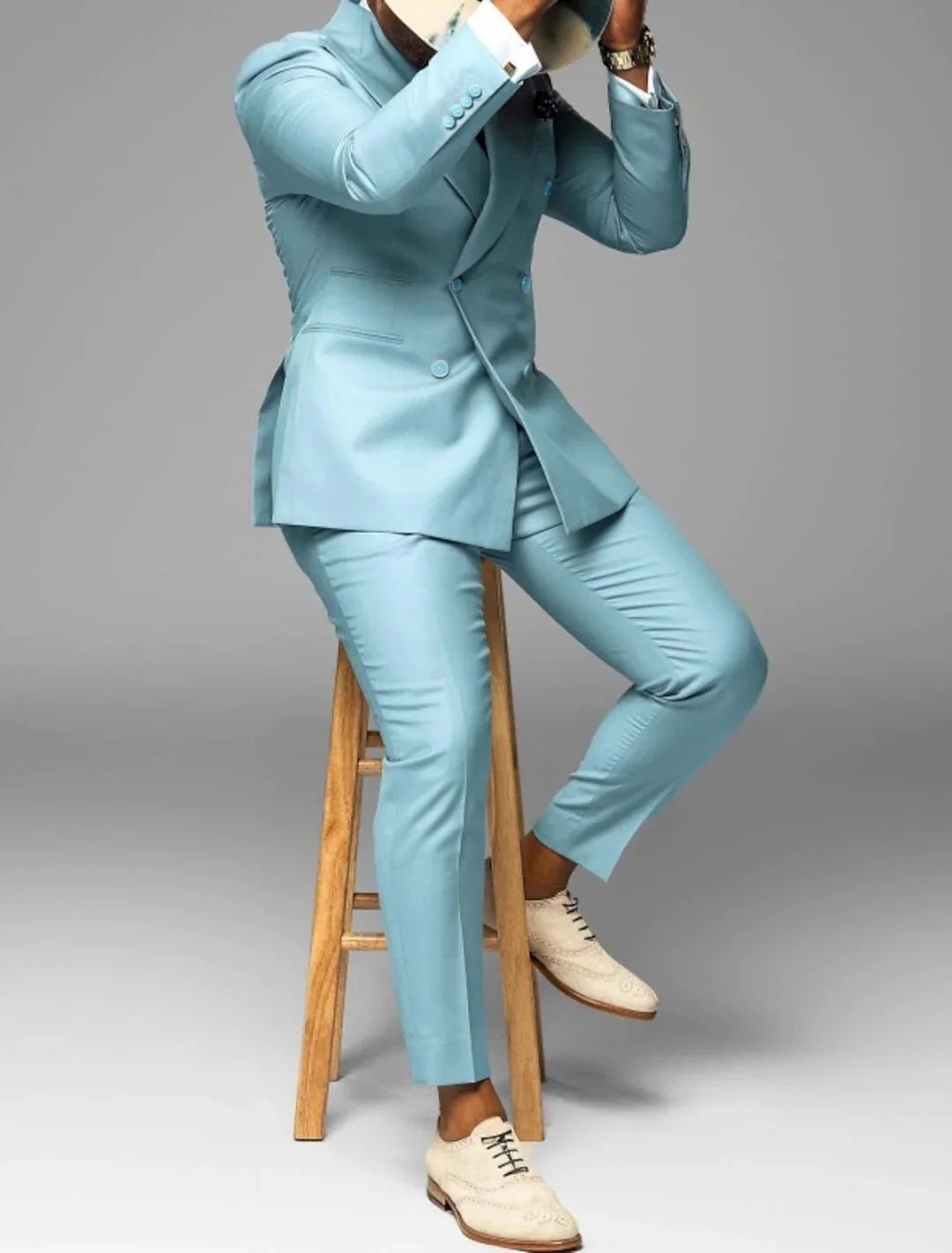 Men's Sky Blue Tailored Fit 2-Piece Wedding Suit With Six-Button Double Breasted Design