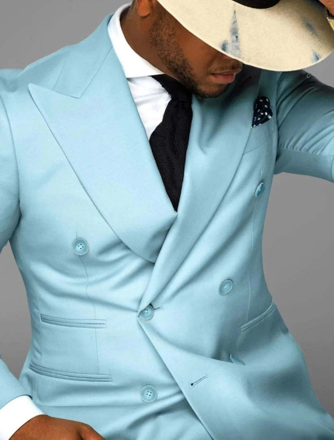 Men's Sky Blue Tailored Fit 2-Piece Wedding Suit With Six-Button Double Breasted Design