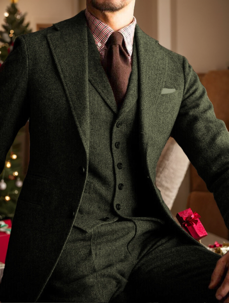 Solid Colored Tweed Wedding Suit For Men - Tailored Fit Single Breasted With Two Buttons