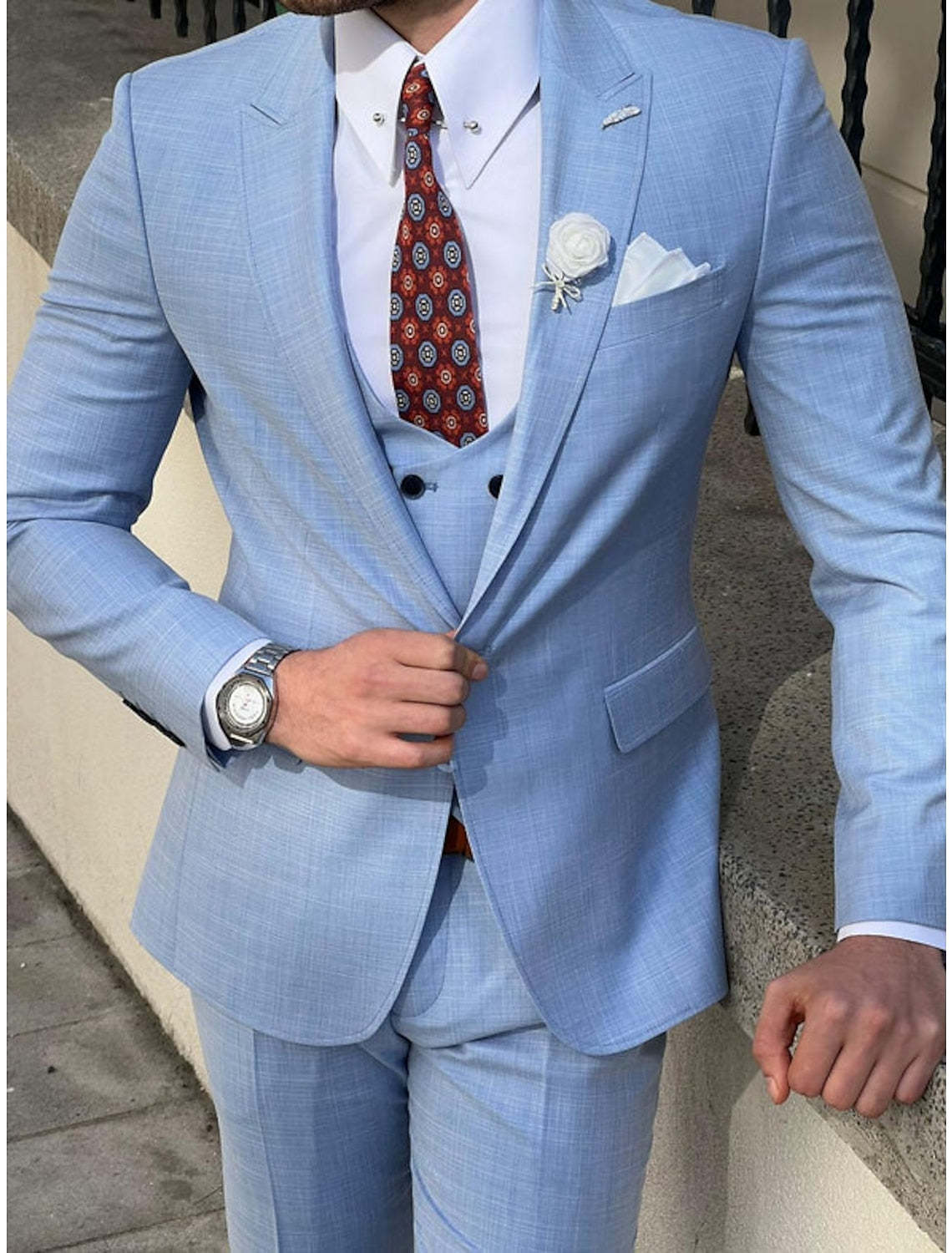 Single-Breasted Two-Button Tailored Fit 3-Piece Solid Wedding Suit For Men