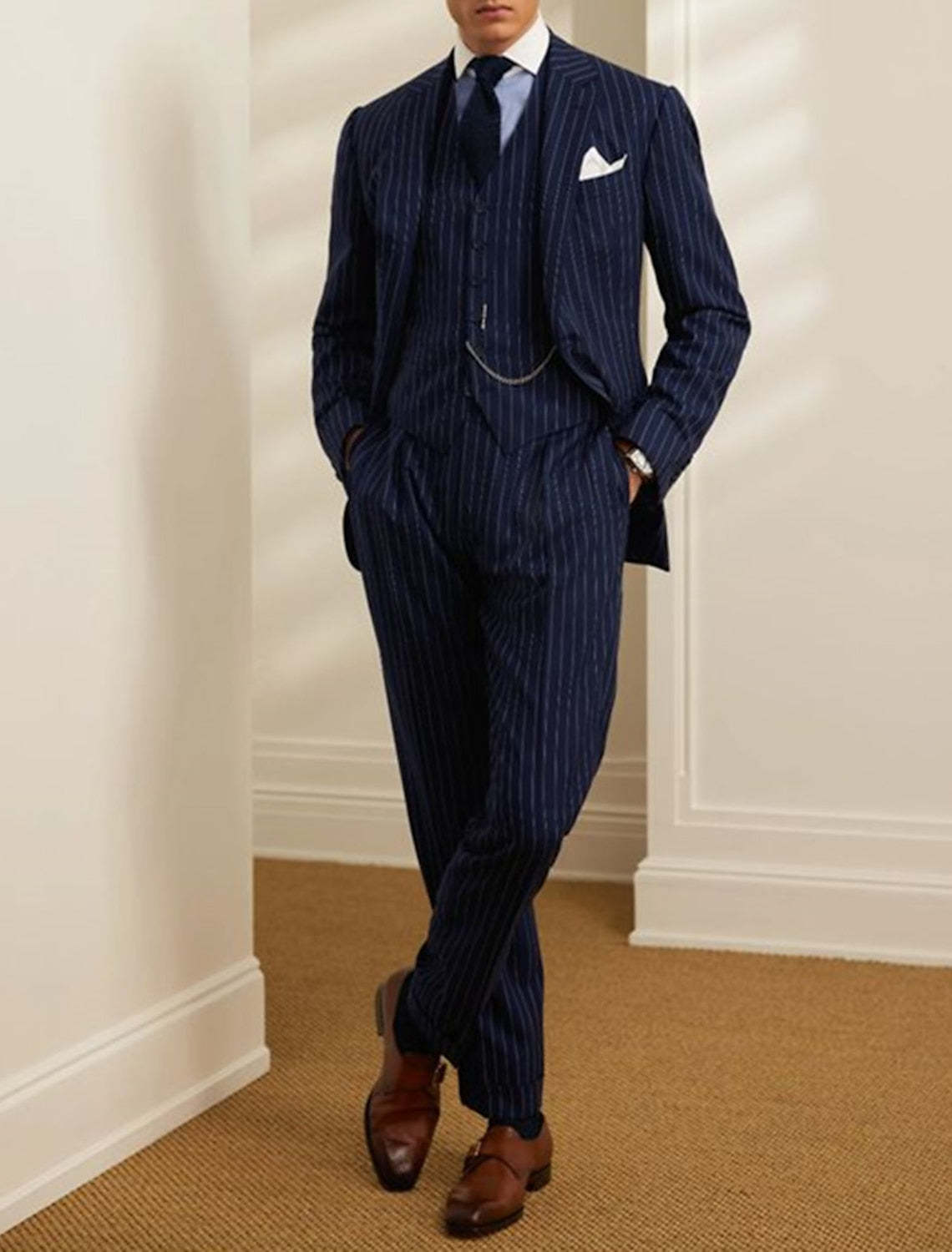 Men's Two-Piece Striped Wedding Suit In Tailored Fit With Single Breast And Two Buttons