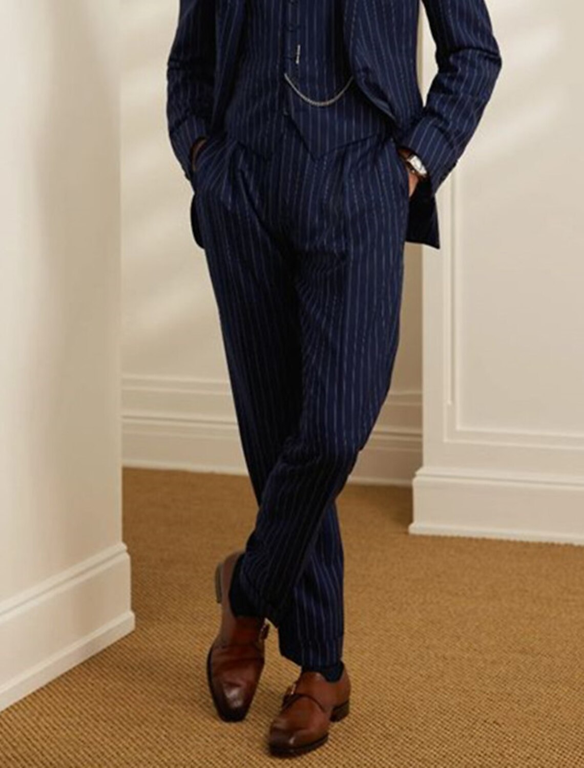 Men's Two-Piece Striped Wedding Suit In Tailored Fit With Single Breast And Two Buttons