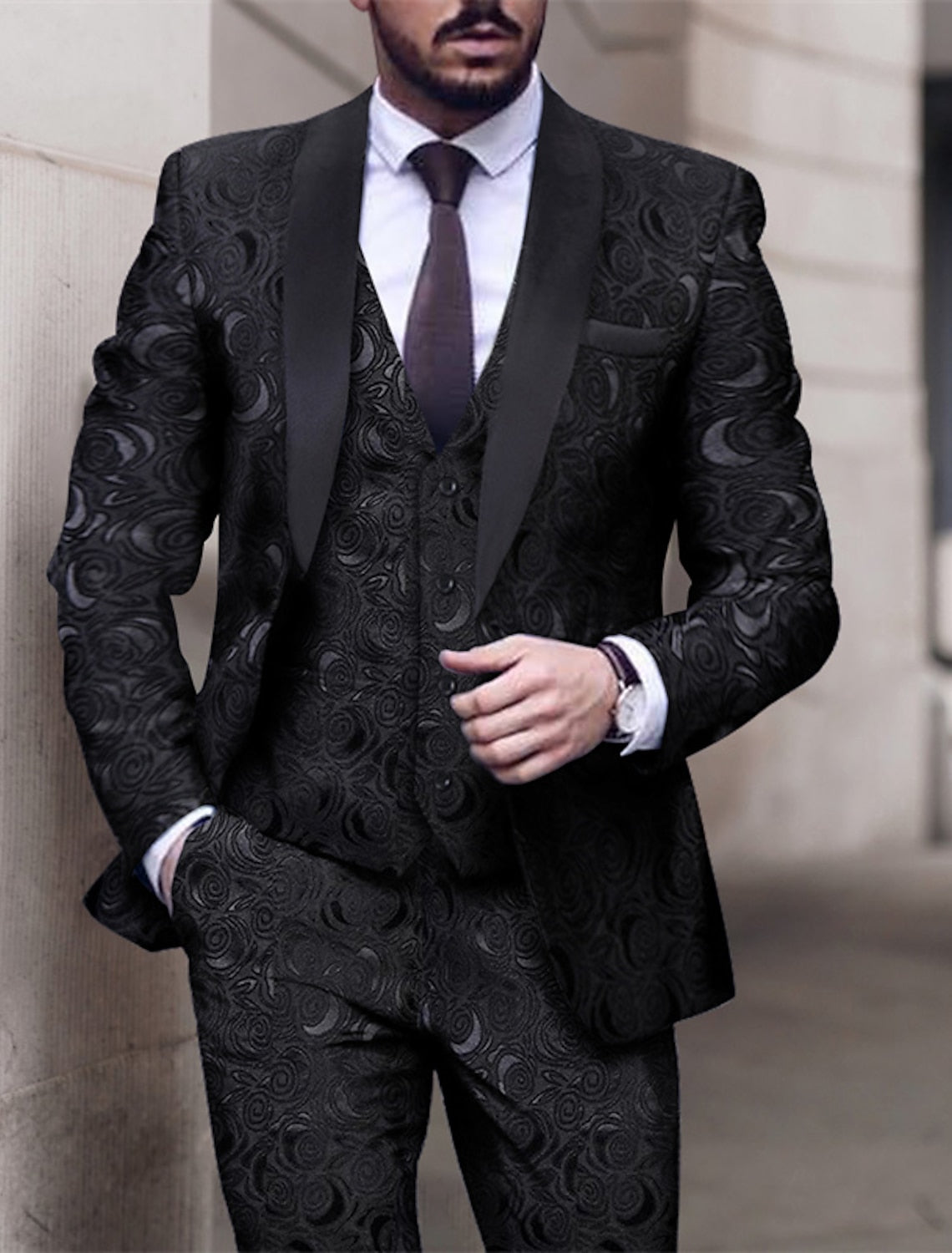 Men's Patterned 3-Piece Wedding Suit In Tailored Fit With Single Breast And Two Buttons
