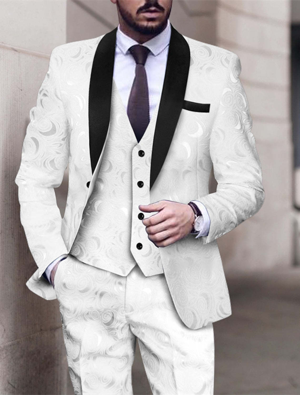Men's Patterned 3-Piece Wedding Suit In Tailored Fit With Single Breast And Two Buttons