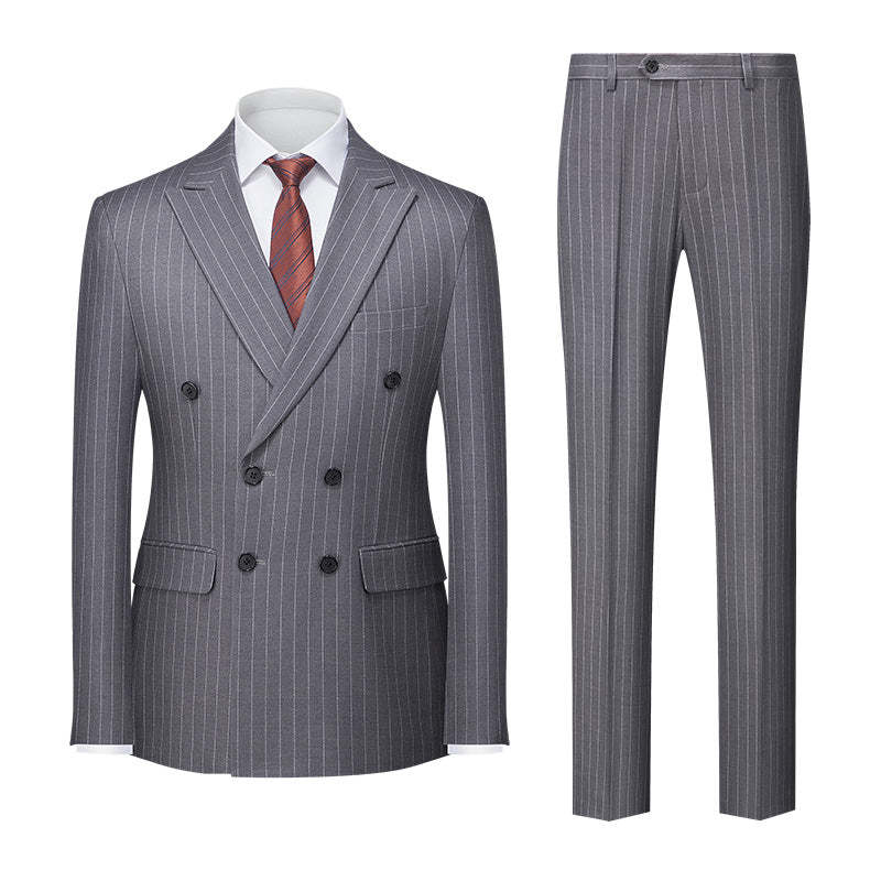Men's Tailored Fit Double Breasted 2-Piece Striped Wedding Suit In Blue Khaki Burgundy Gray And Black With Six Buttons-BMbridal.UK