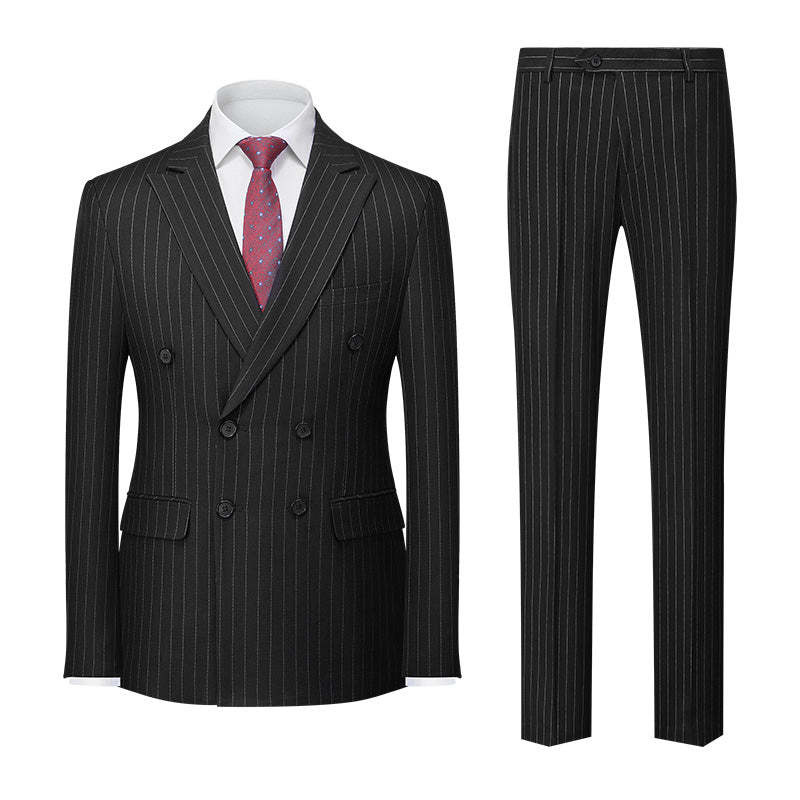 Men's Tailored Fit Double Breasted 2-Piece Striped Wedding Suit In Blue Khaki Burgundy Gray And Black With Six Buttons-BMbridal.UK
