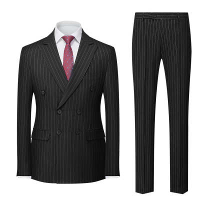 Men's Tailored Fit Double Breasted 2-Piece Striped Wedding Suit In Blue Khaki Burgundy Gray And Black With Six Buttons-BMbridal.UK