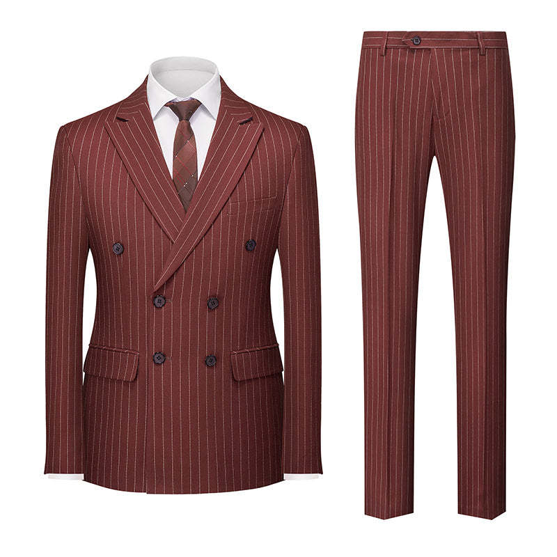 Men's Tailored Fit Double Breasted 2-Piece Striped Wedding Suit In Blue Khaki Burgundy Gray And Black With Six Buttons-BMbridal.UK