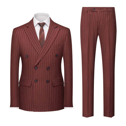 Men's Tailored Fit Double Breasted 2-Piece Striped Wedding Suit In Blue Khaki Burgundy Gray And Black With Six Buttons-BMbridal.UK