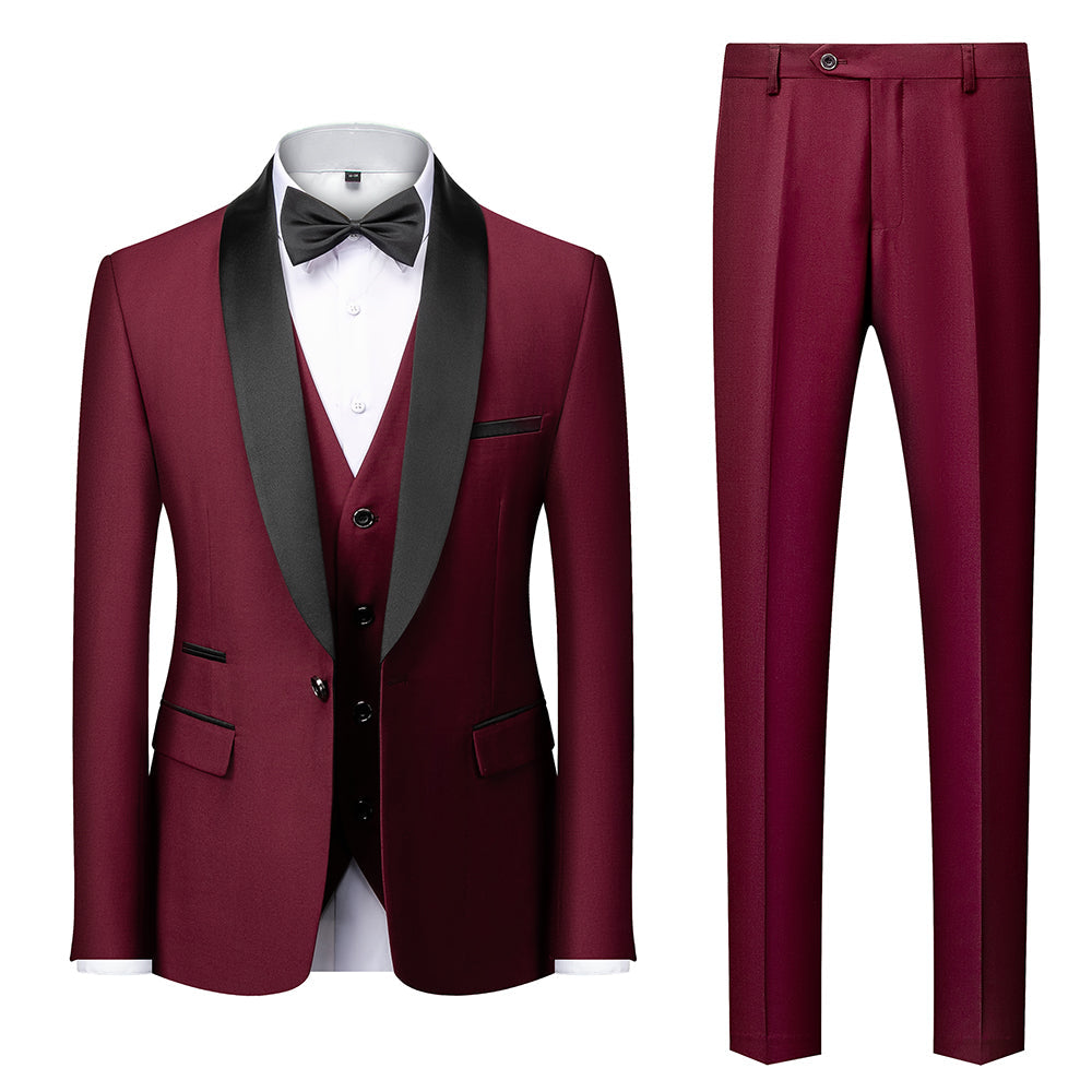 Men's Tailored Fit Single Breasted One-Button 3-Piece Wedding Suit In Blue Burgundy Gray Red And Black-BMbridal.UK
