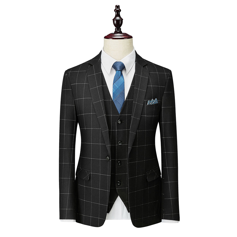 Single-Button Tailored Plaid Wedding Suit For Men 3-Piece Set