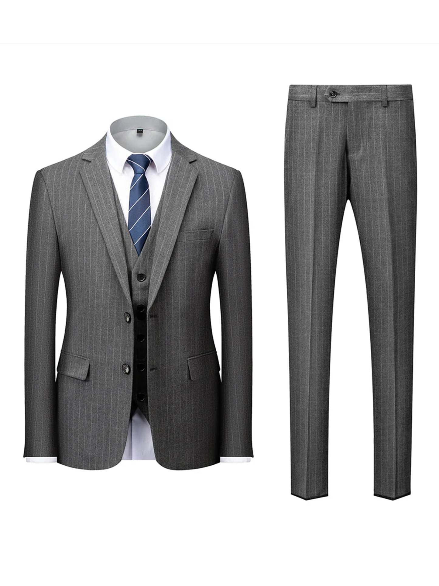 Men's Striped Three-Piece Wedding Suit In Tailored Fit With Single Breast And Two Buttons