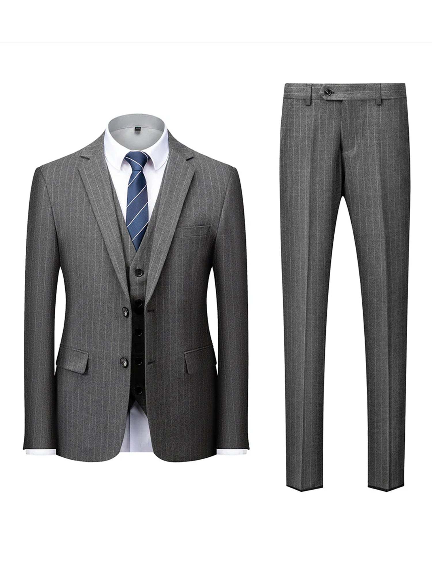 Men's Striped Three-Piece Wedding Suit In Tailored Fit With Single Breast And Two Buttons