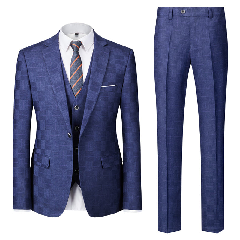 Men's Tailored Fit Single Breasted One-Button 3-Piece Plaid Wedding Suit In Blue Burgundy Black
