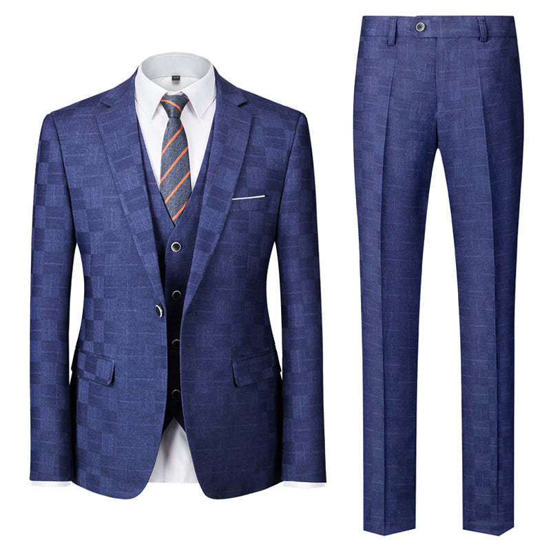 Men's Tailored Fit Single Breasted One-Button 3-Piece Plaid Wedding Suit In Blue Burgundy Black