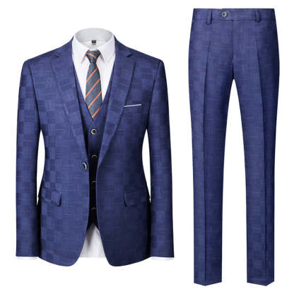 Men's Tailored Fit Single Breasted One-Button 3-Piece Plaid Wedding Suit In Blue Burgundy Black